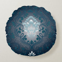 Peacock och Cyan Damask Round Pillow