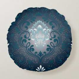 Peacock och Cyan Damask Round Pillow Rund Kudde