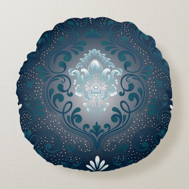 Peacock och Cyan Damask Round Pillow Rund Kudde (Framsidan)