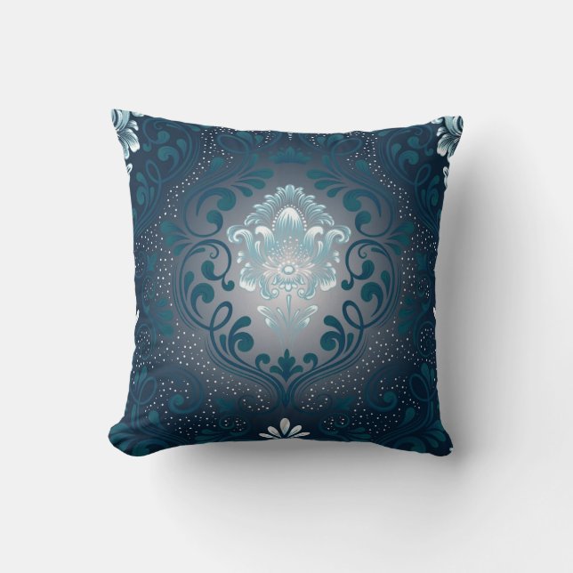 Peacock och Cyan Damask Square Pillow Kudde (Framsida)