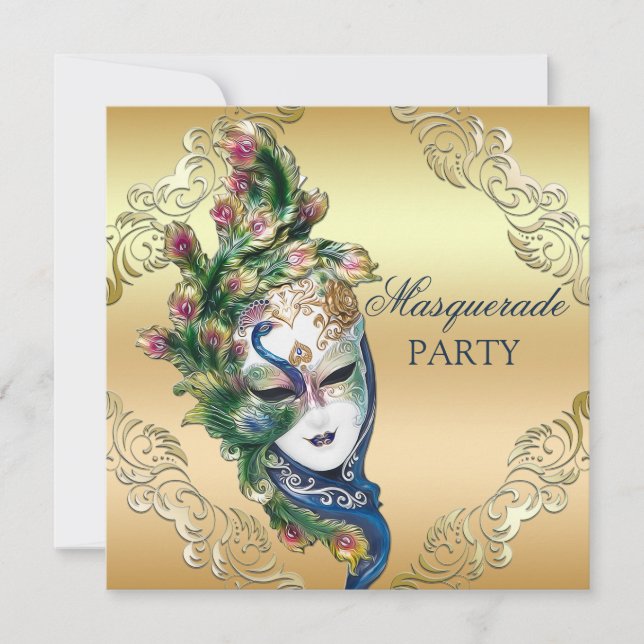 Peacock och Feathers Mask Guld Masquuppad Party Inbjudningar (Framsida)