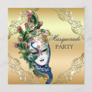 Peacock och Feathers Mask Guld Masquuppad Party Inbjudningar