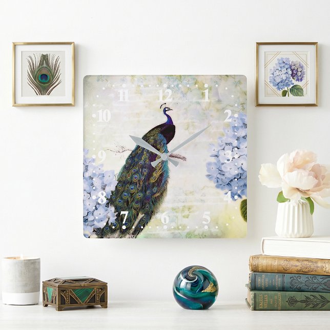 Peacock och hydrangea fyrkantig klocka (Skapare uppladdad)