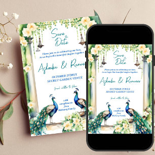 Peacock och jasmine Indian bröllop spara datum Inbjudningar