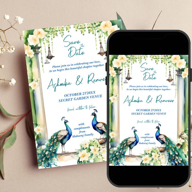 Peacock och jasmine Indian bröllop spara datum Inbjudningar (Peacock jasmine garden Indian wedding save the date editable template invitation digital download)