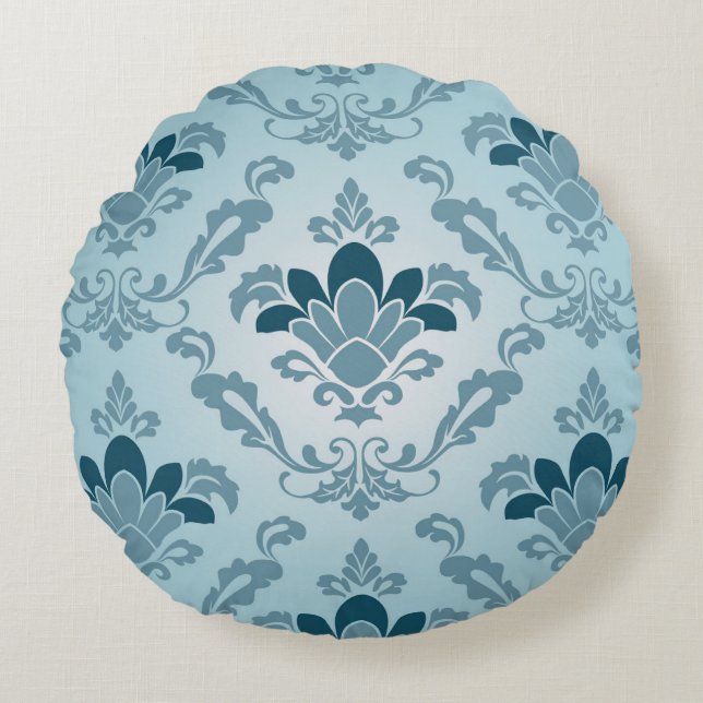 Peacock och Light Blue Fleur De Lis Round Pillow Rund Kudde (Framsidan)