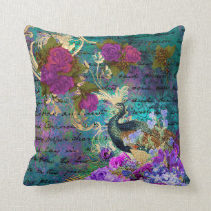 Peacock och Lila blommor Kudde