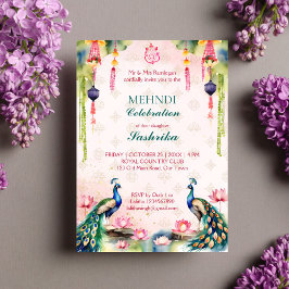 Peacock och lotus vattencolor Indian bröllop mehnd Inbjudningar