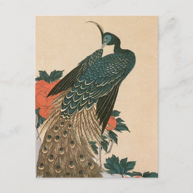 Peacock och Peonies av Hiroshige Bröllop Meddelande Vykort (Framsida)