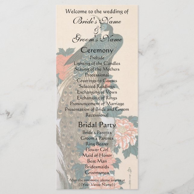 Peacock och Peonies av Hiroshige Bröllop Program (Framsida)