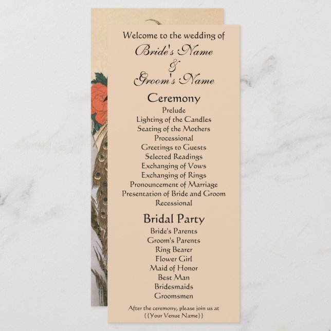 Peacock och Peonies av Hiroshige Bröllop Program (Fram/baksida)