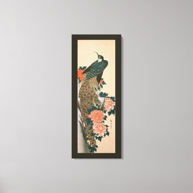 Peacock och Peonies by Hiroshige, Japansk konst Canvastryck (Framsida)