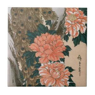 Peacock och Peonies by Hiroshige, Japansk konst Kakelplatta