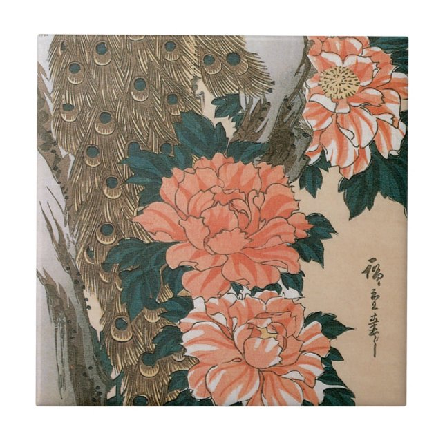 Peacock och Peonies by Hiroshige, Japansk konst Kakelplatta (Framsidan)