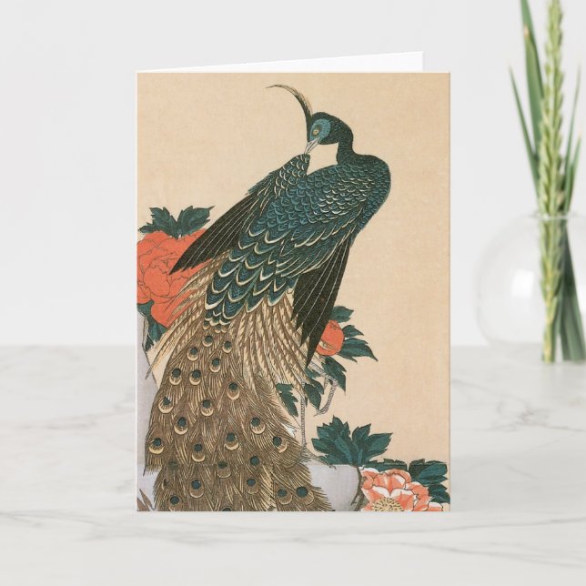 Peacock och Peonies by Hiroshige, Japansk konst Kort (Framsida)