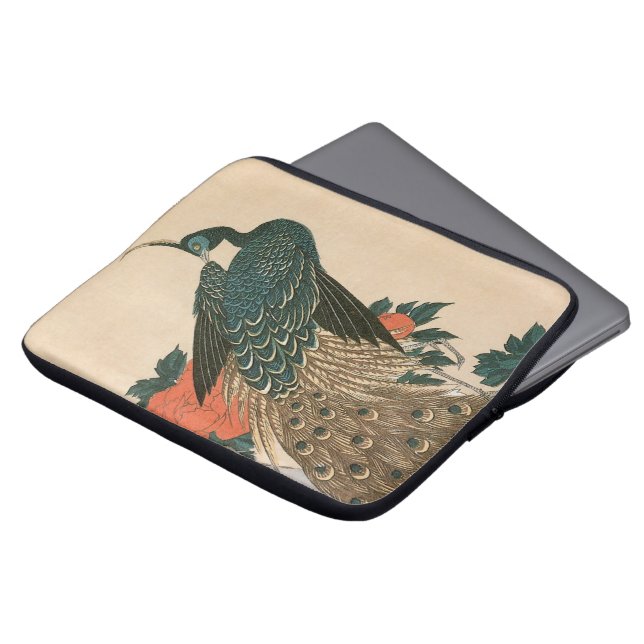 Peacock och Peonies by Hiroshige, Japansk konst Laptop Sleeve (Framsida topp)