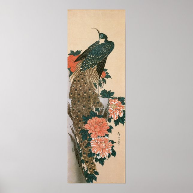 Peacock och Peonies by Hiroshige, Japansk konst Poster (Framsidan)