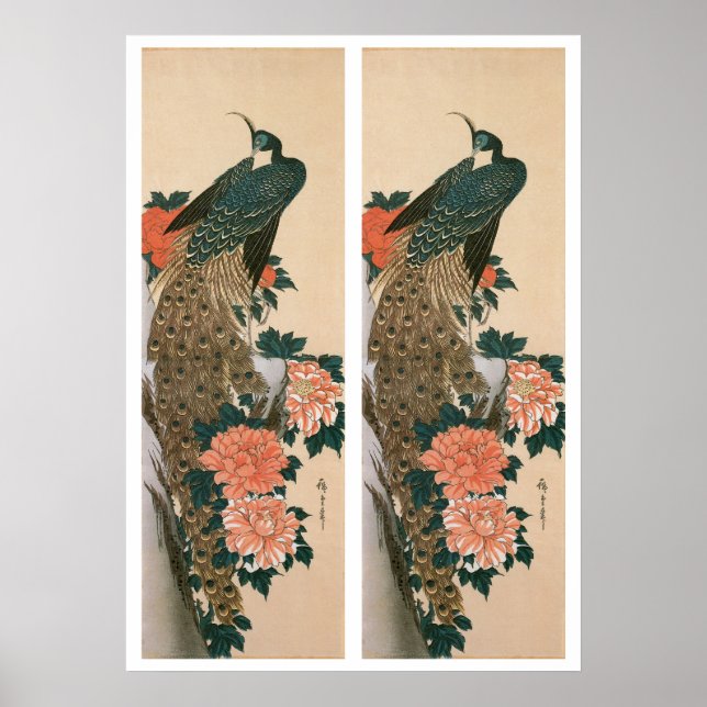 Peacock och Peonies by Hiroshige, Japansk konst Poster (Framsidan)