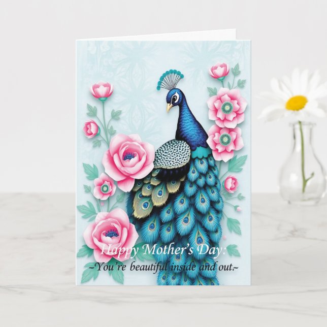 Peacock och Rosa ros Mors dag Kort (Liten växt)