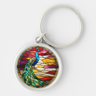 Peacock on Pink Rund Silverfärgad Nyckelring