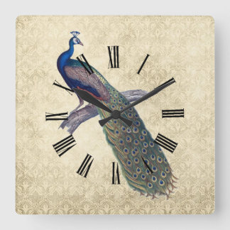 Peacock på Elegant Ivory Damask Fyrkantig Klocka