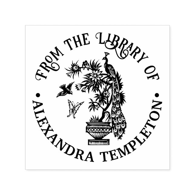 Peacock på Plant Butterfly Bird Bibliotek Bok Namn Självfärgande Stämpel (Design)