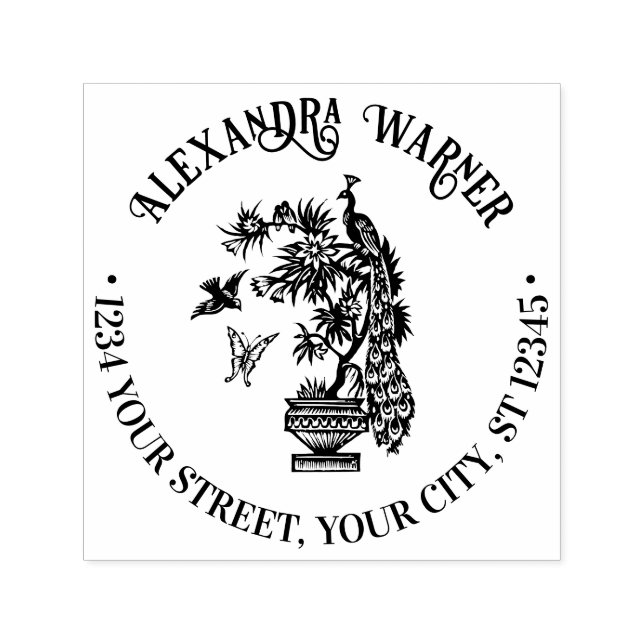 Peacock på Plant Butterfly Bird Namn Adress Självfärgande Stämpel (Design)