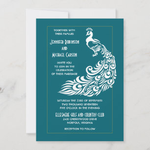 Peacock på Teal Bold Snyggt Art Deco Design Inbjudningar