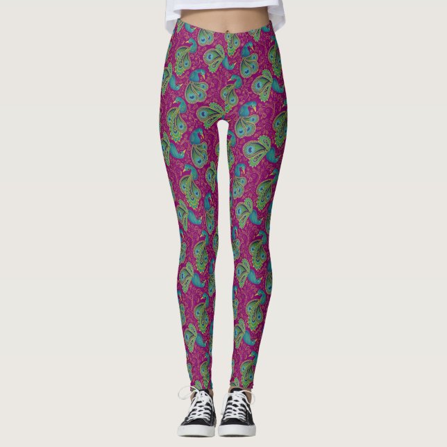 Peacock Paisley Pattern Pink Leggings (Framsida)
