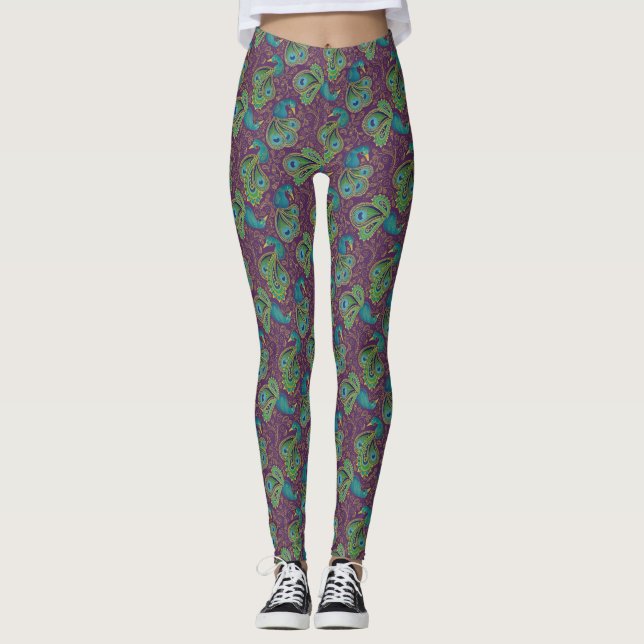 Peacock Paisley Pattern Purple Leggings (Framsida)