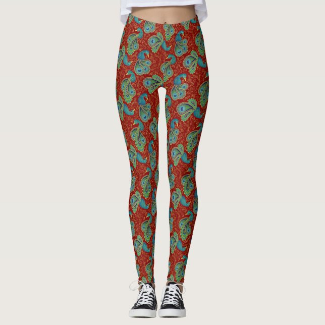 Peacock Paisley Pattern Red Leggings (Framsida)