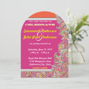 Peacock Paisley Tangerine Mustard Gult Fuchsia Inbjudningar