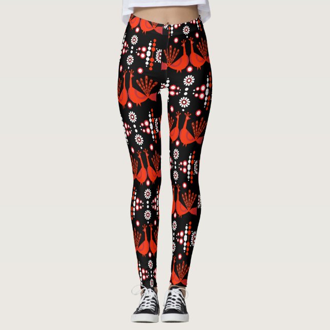 Peacock Peafowl Bird Folk Art Leggings (Framsida)