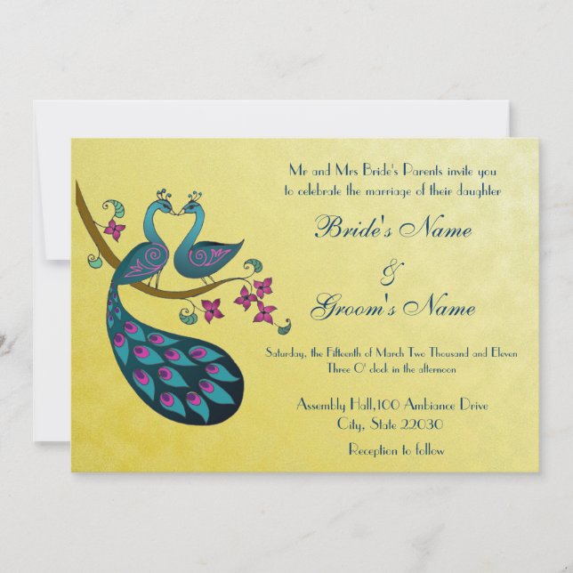 Peacock -Peahen Wedding bjudande, senapssaft gult Inbjudningar (Framsida)