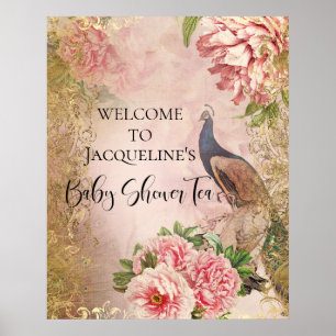 Peacock Peony Blommigt  Rosa Guld Decoupage Tis Poster