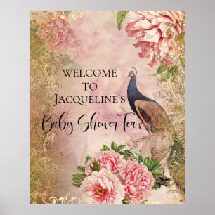 Peacock Peony Blommigt  Rosa Guld Decoupage Tis Poster
