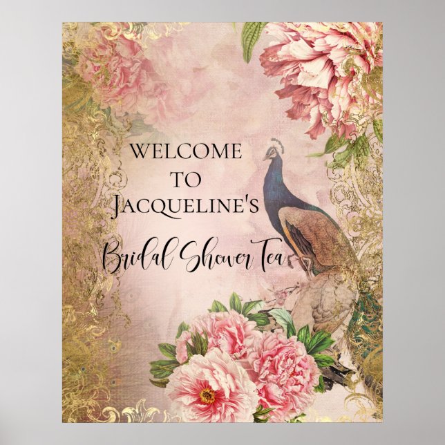 Peacock Peony Blommigt Rosa Guld Möhippa Tea Poster (Framsidan)