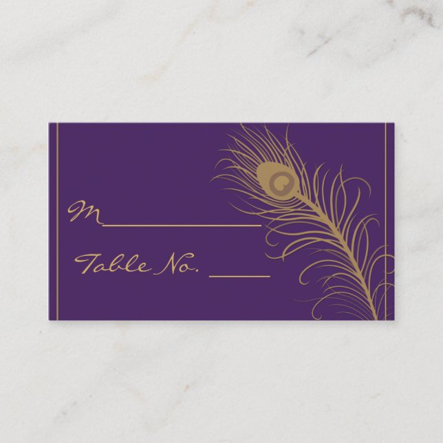Peacock Plume in Guld and Lila Plplace Card Placeringskort (Framsida)