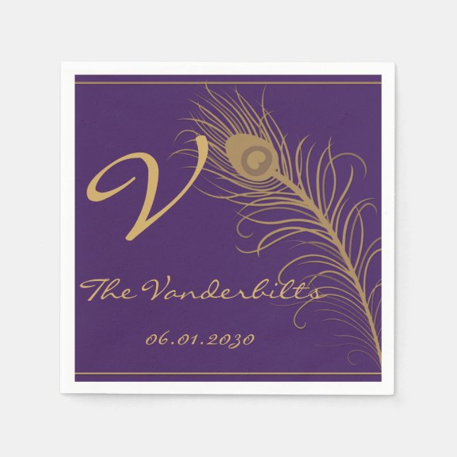 Peacock Plume in Guld and Lila Plum Pappersservett (Framsidan)