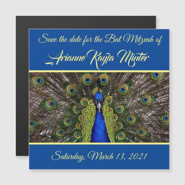 Peacock Plume Save Date Magnetic Card Magnetisk Inbjudningskort (Fram/baksida)