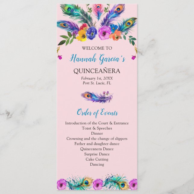Peacock Quinceañera Order of Events-Honor Court Program (Framsida)