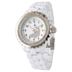 Peacock Rhinestone White Enamel Womens Watch Armbandsur