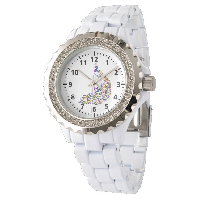 Peacock Rhinestone White Enamel Womens Watch Armbandsur (Vinklad)