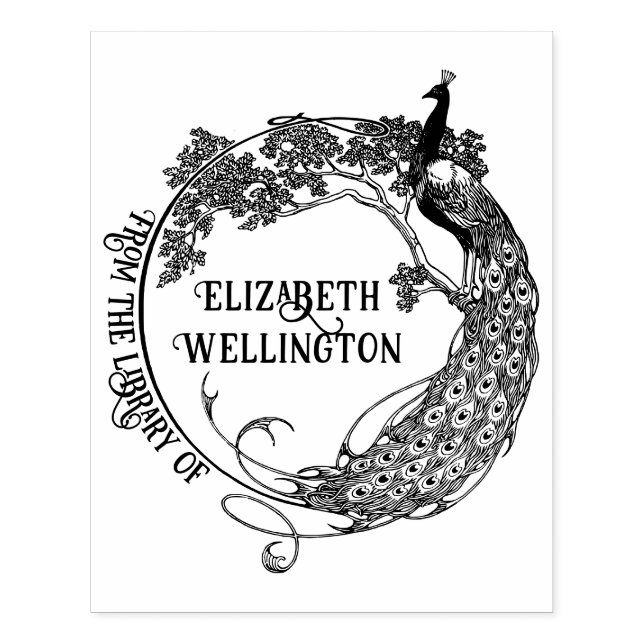 Peacock Rnd Ram Art nouveau Bibliotek Bok Namn #2 Stämpel (Tryck)