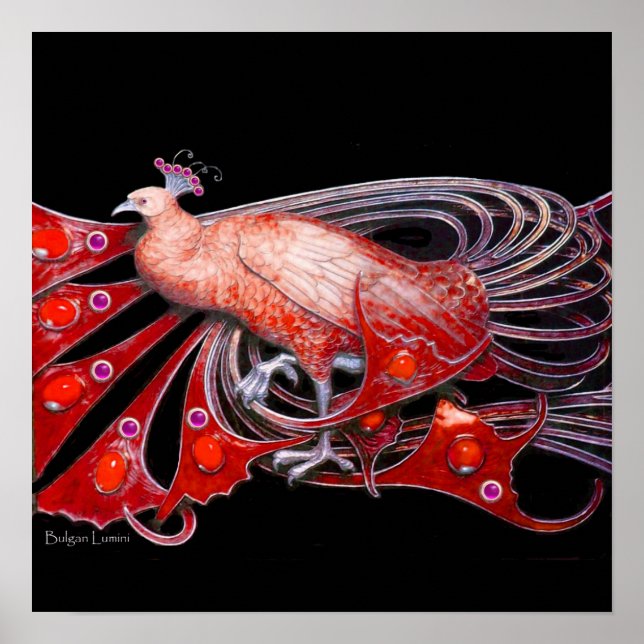 PEACOCK,röd lila grått violett, svart Poster (Framsidan)