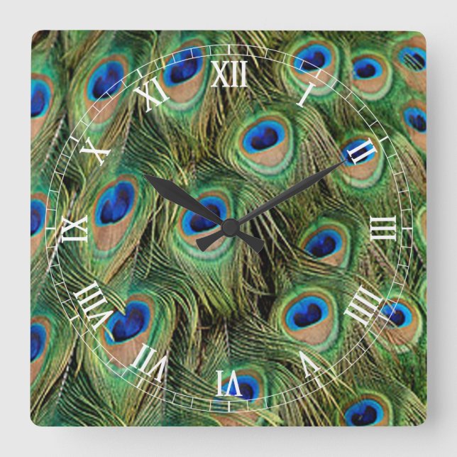 Peacock Roman Numeral Clock Fyrkantig Klocka (Framsida)