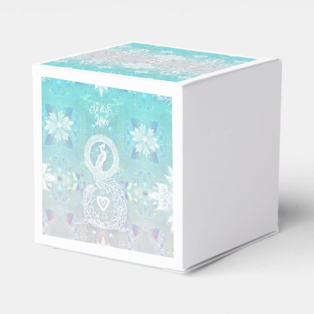 Peacock romantic bröllop, hjärta och akvblått presentaskar (Baksidan Sidan)