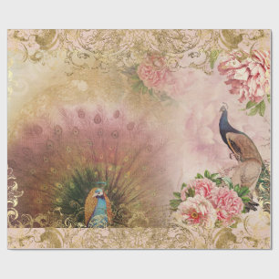 Peacock  Rosa Peony Blommigt Guld Decoupage Presentpapper