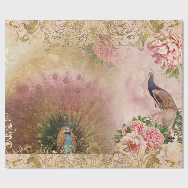 Peacock  Rosa Peony Blommigt Guld Decoupage Presentpapper (Platt)
