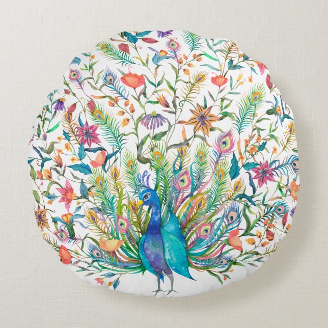 Peacock Round Dekorativ kudde (Framsidan)